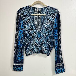 Free People Wild and Free V-Neck Plunge Smocked Printed Long Sleeve Top